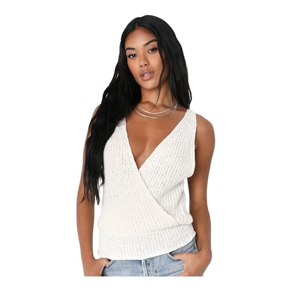 Lulus Daily Confidence‎ Ivory Loose Knit Surplice Sweater Tank Top Size Small